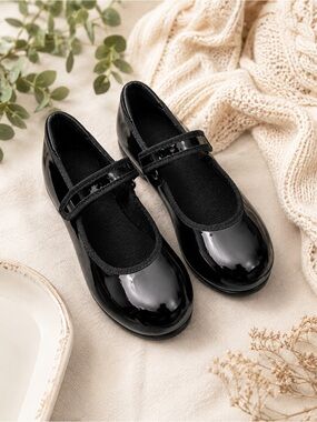 Girls Black Patent Tap Dance Shoes Mary Jane Low Heel Hook Loop Size 11.5 C